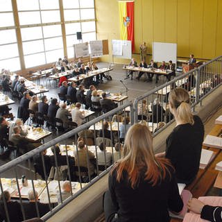 Zuhörer verfolgen eine Sitzung der Kreistagssitzung des Landkreises Karlsruhe.