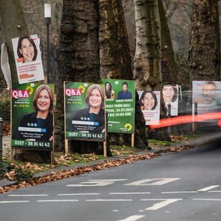 Wahlplakate der Parteien zur Landtagswahl 2021 am 14. März in Rheinland-Pfalz an einer Straße in Mainz