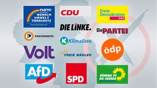 Logos aller Parteien, die in Rheinland-Pfalz bei der Landtagswahl 2021 zur Wahl stehen