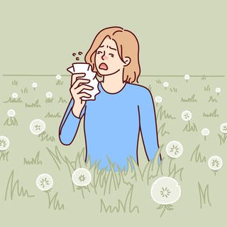 Illustration: Frau niest wegen Allergie gegen Löwenzahnblüten und Pollen von Sommerpflanzen. 
