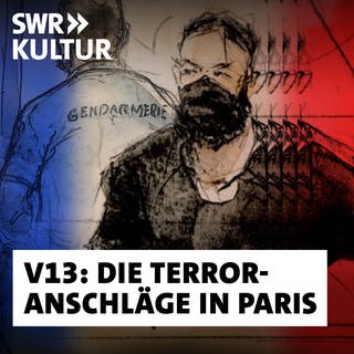 Eine Gerichtszeichnung von den Verhandlungen der Terroranschläge in Paris von Bataclan und Nachbarschaft. Darüber liegen die Farben der französischen Flagge. 