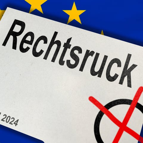 Symbolbild für den Rechtsruck bei der Europawahl 2024, EU-Flagge mit Schriftzug Rechtsruck. Die politische Verschiebung nach rechts in Europa Konzept.