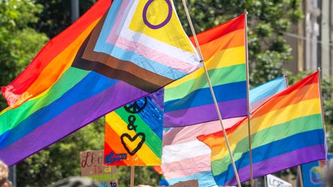Regenbogenfahnen beim CSD 2024, Munich Pride 2024, Motto Vereint in Vielfalt - gemeinsam gegen Rechts, 