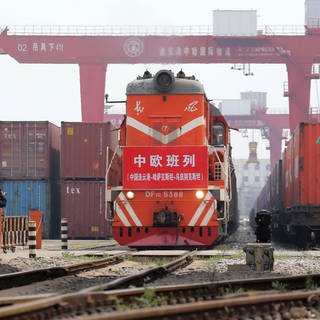 Ein chinesischer Güterzug auf dem Weg nach Europa steht zwischen Containern