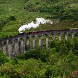 Zug auf Viadukt in Schottland