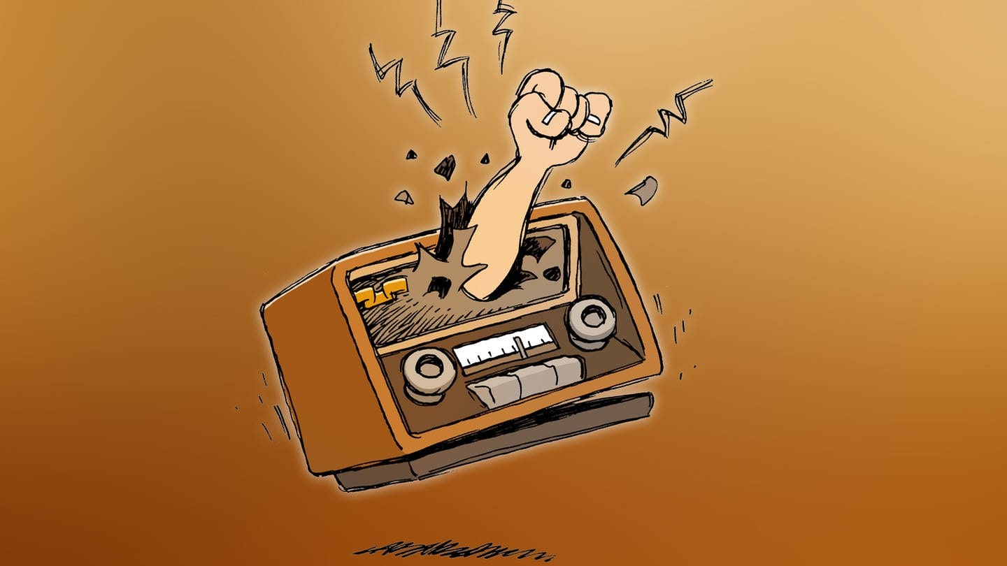 Cartoon: Eine Faust kommt aus einem Radio