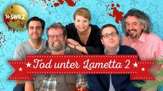 Reihenmotiv zu "Tod unter Lametta 2" mit Gruppenfoto: Bastian Pastewka, Jochen Malmsheimer, Annette Frier, Kai Magnus Sting und Leonhard Koppelmann