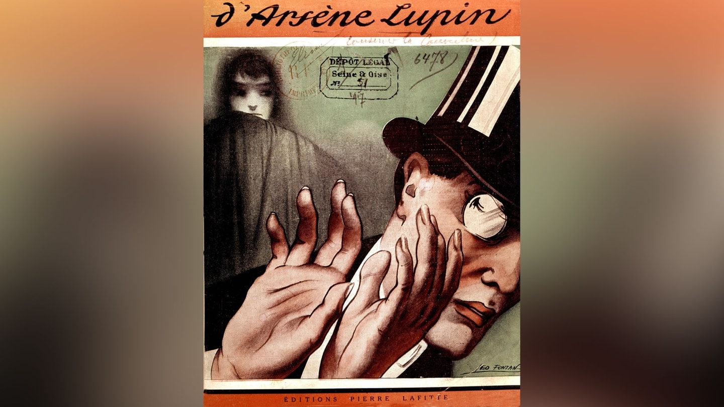 Zeichnung von Léo Fontan für das Cover von Maurice Leblancs Roman: Les 3 Crimes, d Arsène Lupin 1917 Frankreich