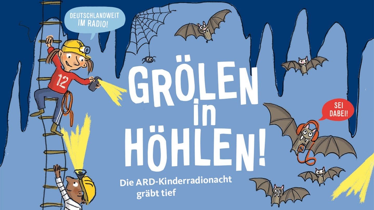 Illustration für die Kinderradionacht 2024 - Kinder mit Kopflampen in einer Höhle