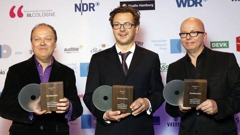 Jens Wawrczeck, Andreas Fröhlich, Oliver Rohrbeck (Sonderpreis Die drei ??? ) bei der Verleihung des Deutschen Hörbuchpreises 2016 im WDR Funkhaus. Köln.