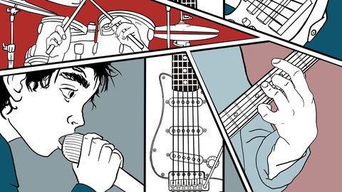 Illustration des Hörspiels "Newcomer": Ein Kind mit Mikrofon, Musikinstrumente einer Rock-Band