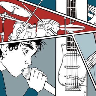 Illustration des Hörspiels "Newcomer": Ein Kind mit Mikrofon, Musikinstrumente einer Rock-Band