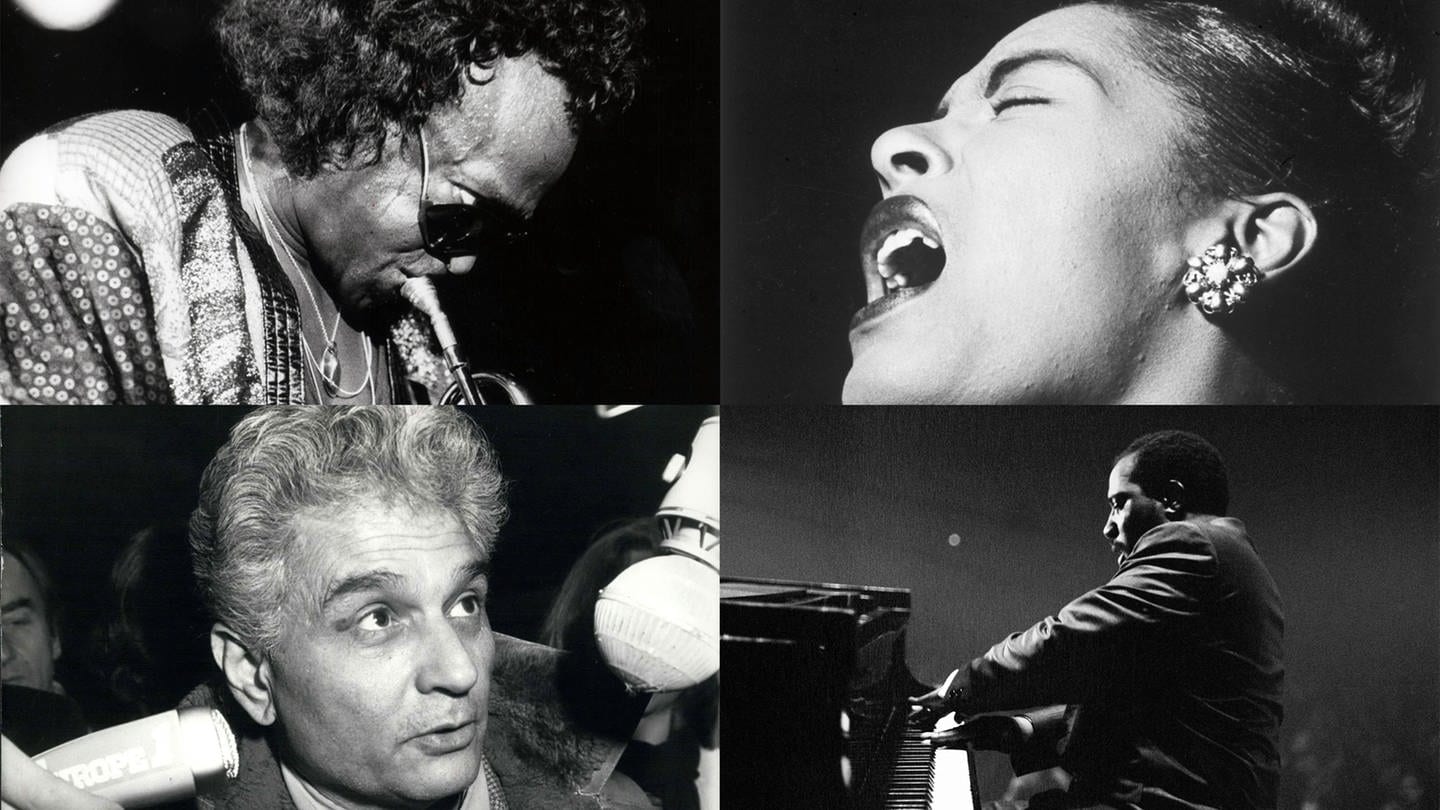 Bildmontage mit Portraits von Jacques Derrida, Miles Davis, Billie Holiday und Thelonious Monk