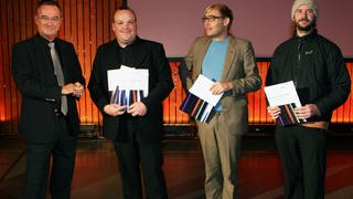 Preisverleihung 2011 in Donaueschingen: Bernhard Hermann (Hörfunkdirektor des SWR), Mark Brüderle, Tim Elzer, Daniel van den Eijkel. 