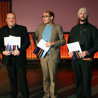 Preisverleihung 2011 in Donaueschingen: Bernhard Hermann (Hörfunkdirektor des SWR), Mark Brüderle, Tim Elzer, Daniel van den Eijkel. 