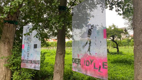Auf dem Kunstpfad in Kirrweiler sind mehrere Bilder unter dem Titel „Misstraue der Idylle“ ausgestellt