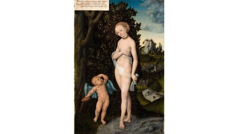 Venus mit ihrem Sohn Amor auf einem Gemälde von Lucas Cranach dem Älteren. Amor ist von Bienen umgeben