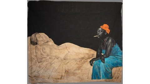 Roméo Mivekannin: Le modèle noir, d'après Félix Vallotton. 2019, Acrylfarbe auf Tischtüchern (251 x 254 cm)