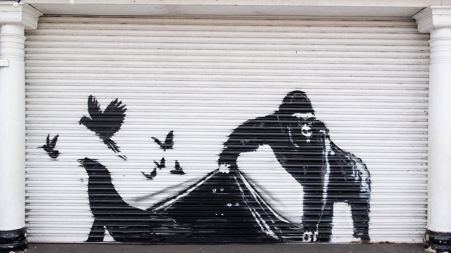 13.08.2024 – Banksy Kunstwerk eines Gorillas, einer Robbe und Vögeln taucht an einem Fensterladen des Londoner Zoos auf.