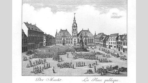 Der Marktplatz in Mannheim zur Zeit des Kurfürsten Carl Theodor, Stich der Gebrüder Klauber, 1782