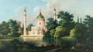 Die Moschee im Schwetzinger Schlossgarten verbindet orientalische und abendländische Elemente, Aquatinta von Carl Kunz, 1795