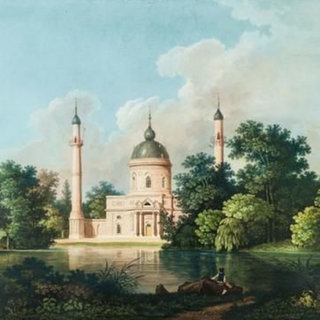 Die Moschee im Schwetzinger Schlossgarten verbindet orientalische und abendländische Elemente, Aquatinta von Carl Kunz, 1795