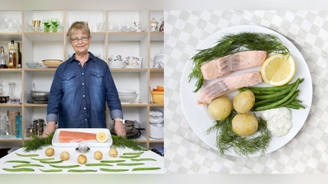 Brigitta Fransson, 70 Jahre, Stockholm (Schweden), mit Pochierter Lachs