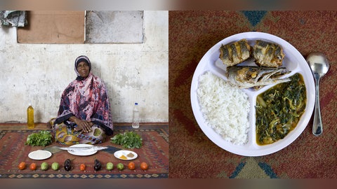 Porträt Miraji Mussa Kheir, 56 Jahre, Bububu, Sansibar, Fisch, Reis und Gemüse in Mango-Sauce