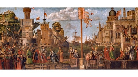 Vittore Carpaccio, Begegnung der Heiligen Ursula mit ihrem Verlobten und Einschiffung der Pilger, um 145565 - 1526