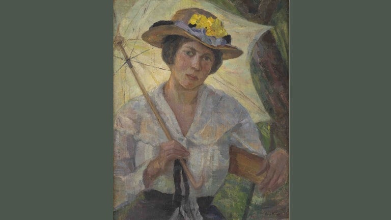 Anna Huber, Frau mit Hut und Sonnenschirm