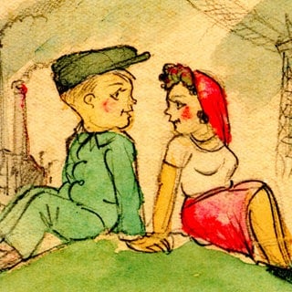 Emerich Amberg: Karikatur eines jungen Paares vor einer Industriekulisse, Graphit u. Aquarell auf Papier, 1946