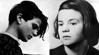 Bildmontage zweier Porträtbilder der Widerstandskämpferin Sophie Scholl, links im Profil, rechts schräg von vorne