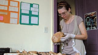 Die argentinische Anthropologin Analia Simonetto untersucht den Schädel eines menschlichen Skeletts.