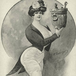 Nahrungs und Genußmittel: Alkohol  Sekt. Die Sektkellnerin. Lithographie (Postkarte), um 1900.
