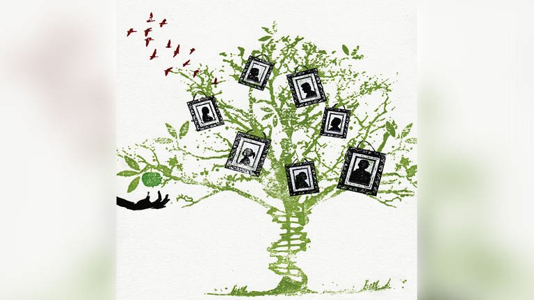 Bilder an einem Familienstammbaum, der wie eine DNA-Doppelhelix aussieht.