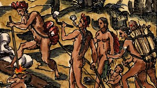 Indianische Zigarrenraucher auf Kuba. Illustration der lateinischen Erstausgabe: Epistola Christofori Colom, 1493. 