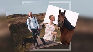 Links: Julian mit seinem Hund an der Nordsee. Rechts: Marlene mit ihrem Pferd