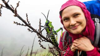 Südafrikanische Heuschrecke und Kathrin Heckmann beim Wandern