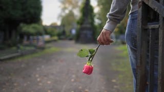 Junge Frau mit einer Rose auf dem Friedhof