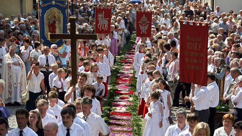 Standartenträger laufen am Donnerstag (07.06.2007) in Mühlenbach (Ortenaukreis) an einem kilometerlangen Blumenteppich vorbei. Der Blumenteppich ist Bestandteil der Fronleichnamsprozession, die durch den ganzen Ort führt. Für den Teppich wurde von ehrenamtlichen Helfern mehr als eine Millionen Blüten verwendet.