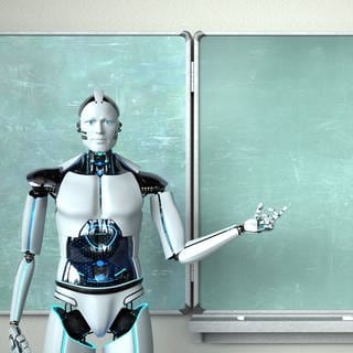 Humanoid Robot Chalkboard Teacher Humanoid robot in the classroom with a green chalkboard