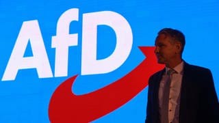 Björn Höcke, AfD-Landessprecher, steht beim Landesparteitag der Alternative für Deutschland im „Hotel Pfiffelburg“ auf der Bühne.