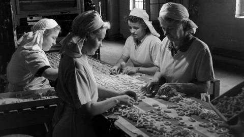 Frauen am Fließband einer Süßwarenfabrik (1950er-Jahre)