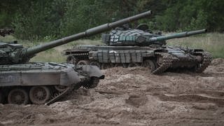 RUSSIA - JUNE 13, 2023: Russian Army Central Military District T-80 tanks are seen in a military training ground in the zone of Russia s special military operation during a drill for destroying military hardware supplied to the Armed Forces of Ukraine by other countries.