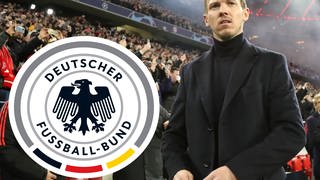 Deutschland 11. September 2023: ! Achtung Fotomontage ! Hier im Bild Julian Nagelsmann, der u.a. auch als Kandidat für die Nachfolge als Bundestrainer für die deutsche Fussball Nationalmannschaft gehandelt wird, im Hintergrund das Logo, Wappen des DFB, Deutscher Fussball Bund