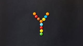 English Alphabet made of colored candies. The letter Y. Symbolfoto