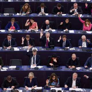 Das Foto zeigt Abgeordnete im Parlament der Europäischen Union als Symbol für demokratische Staaten mit gewählten Abgeordneten