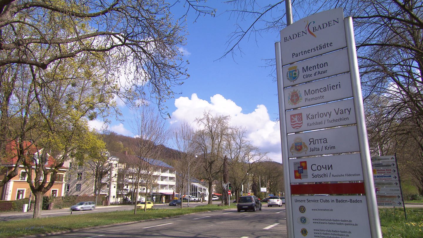 Tafel mit Partnerstädten in Baden-BAden