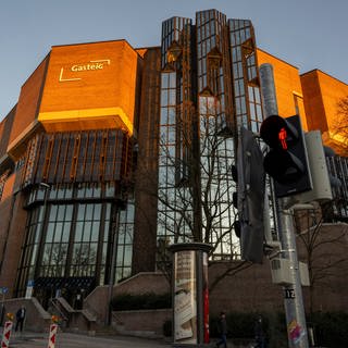 Eine Ampel steht vor dem Gebäude des Gasteig im Stadtteil Haidhausen auf Rot.