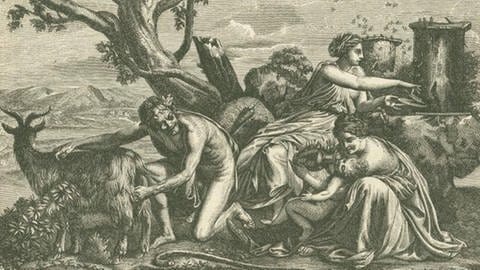 Auf einer alten Zeichnung ist zu sehen, wie der Gott Zeus von Almathea mit Ziegenmilch ernährt, daneben steht ein Bienenstock, der Honig dient ihm als Nahrung
